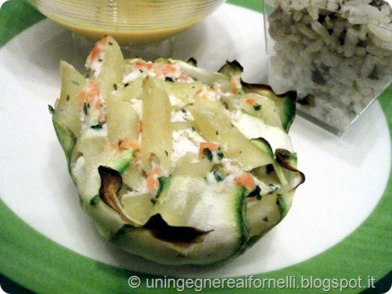 cestini zucchine pasta salmone ricotta forno monoporzione primo cestini zucchine pasta salmone ricotta forno monoporzione primo
