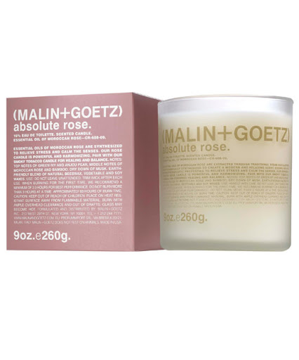 Smells like: green ivy, anjou pear, Moroccan rose, bamboo, musk. Malin + Goetz Absolute Rose Candle, $52, malinandgoetz.com Smells like: green ivy, anjou pear, Moroccan rose, bamboo, musk. Malin + Goetz Absolute Rose Candle, $52, malinandgoetz.com