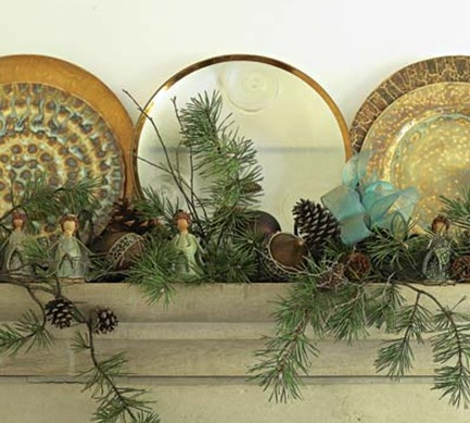 plates on Christmas mantel