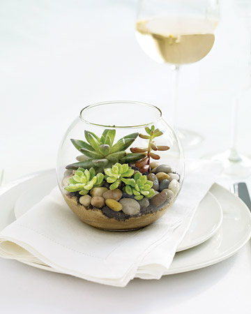 These mini terrariums make chic table decor when grouped en masse -- and they double as favors, too! Just place sand and rocks in the bottom of a fishbowl votive holder. (marthastewartweddings.com) These mini terrariums make chic table decor when grouped en masse -- and they double as favors, too! Just place sand and rocks in the bottom of a fishbowl votive holder. (marthastewartweddings.com)