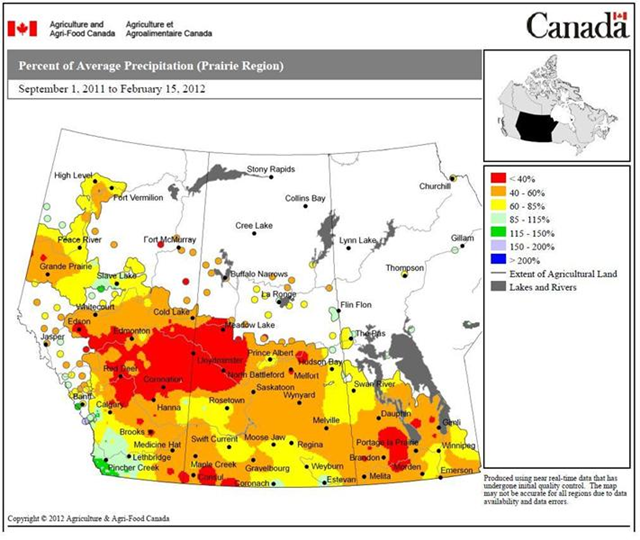 Percent of average precipitation in the Prairie Region of Canada, 1 September 2011 to 15 February 2012. Graphic: Agriculture and Agri-Food Canada