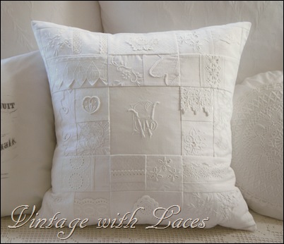 White linen and lace patchwork pillow White linen and lace patchwork pillow