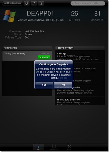 iPad vSphere Client VM Snapshot Confirm Warning