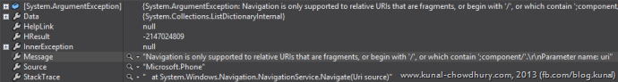 ArgumentException when calling NavigationService in WP8 to navigate to an URL