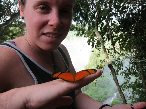 Heather with one of Iguazu's millions of butterflies.