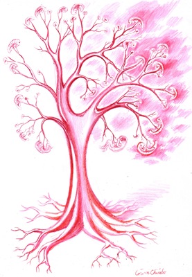 Copac din vase de sange cu embrioni pe post de fructe desen facut cu pixul