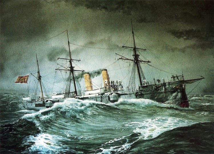 El ALFONSO XII navegando con mar gruesa. Acuarela de Guillermo G. de Aledo. Del libro NUESTRA MARINA.jpg