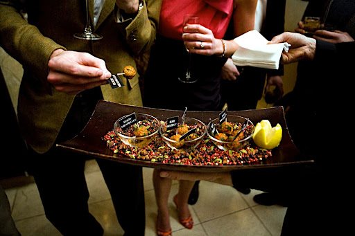 Passed appetizers included Colman's favorite meatballs from a restaurant on the upper east side of Manhattan. Small tags with Passed appetizers included Colman's favorite meatballs from a restaurant on the upper east side of Manhattan. Small tags with