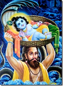 Vasudeva crossing the Yamuna with Krishna