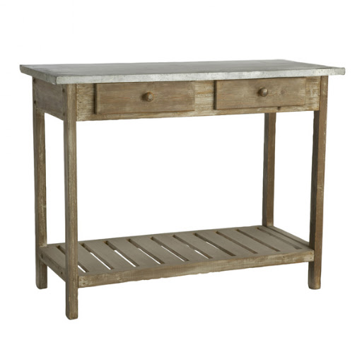 Rustic, industrial chic for the foyer. Not to mention handy drawers for notepads, pens, and your dog's leash. (wisteria.com) Rustic, industrial chic for the foyer. Not to mention handy drawers for notepads, pens, and your dog's leash. (wisteria.com)