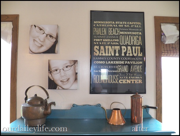 k 6 cream walls, dropcloth shades, vintage teal cabinet, minnesota subway art