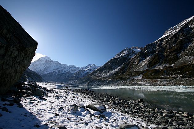 Mount Cook and iceberg coated lake