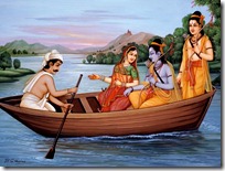 Lakshmana, Rama and Sita travelling by boat