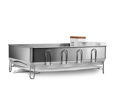 The steel frame dishrack has a coating to protect against fingerprints and hooks that fold away when not in use. Its larger size is great if you don't have a dishwasher and mostly hand wash. The steel frame dishrack has a coating to protect against fingerprints and hooks that fold away when not in use. Its larger size is great if you don't have a dishwasher and mostly hand wash.