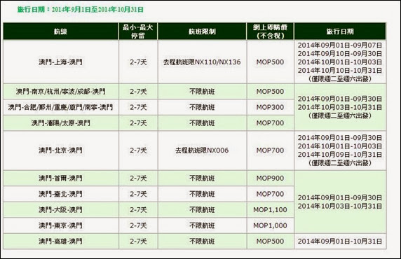 澳門航空限時劈價促銷_9月1日至10月31日
