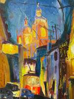 European Trolley, oil on board, 15x20. cropped view.