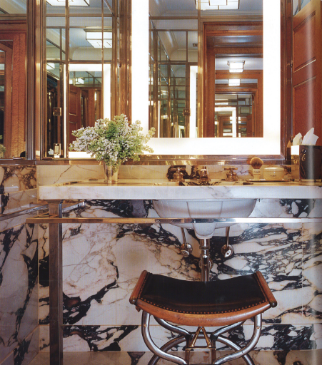 This masculine bathroom was inspired by great Old World hotels, such as Claridge's in London and the Ritz in Paris.