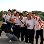 taking a snap with Japanese school kids at huis ten bosch in Sasebo, Japan 