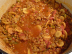 The lentils are partially cooked and now the dish is ready for the chickpeas and green beans.