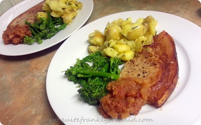 Hello Fresh pork chops with cinnamon apple chutney and rosemary new potatoes