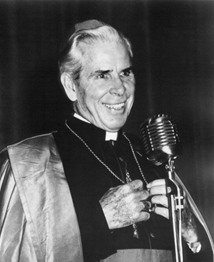 c0 Bishop Fulton J Sheen smiling; he was often too serious for the camera IMHO.