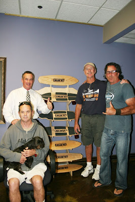 Brad, Brian and Bruce with his dog Ringo with David Hackett (Right) with the first boards of our newly re-released line