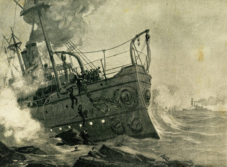 Vain attempt of the spanish to block Santiago harbor alter the battle by running the Cruiser REINA MERCEDES ashore in the narrow channel. Texto y fotos de la revista LESLIE´S WEEKLY, VOL. LXXXVI.jpg