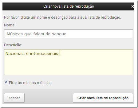 Criar nova lista de reprodução Criar nova lista de reprodução