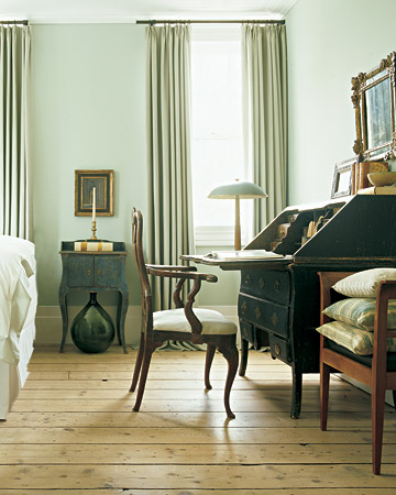 This baroque Swedish desk in a guest bedroom has idiosyncratic hardware and slightly crude joinery and carving. The small side cabinet is rococo, and the lamp is Danish. This baroque Swedish desk in a guest bedroom has idiosyncratic hardware and slightly crude joinery and carving. The small side cabinet is rococo, and the lamp is Danish.
