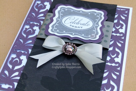 Damask & Ribbon Card using Casual Expressions & For Always papers.  Created by Lalia Harris