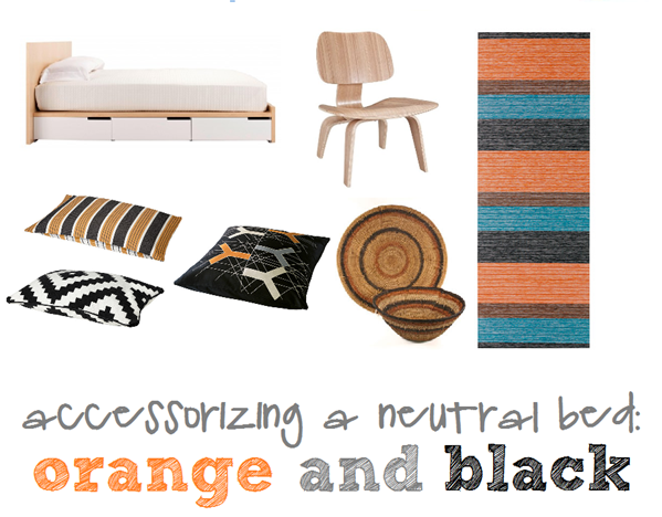 accessorizing a neutral bed with orange and black