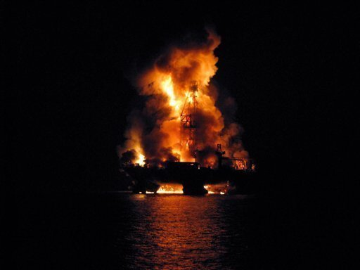 A 21 April 2010 photo obtained by The Associated Press shows the Deepwater Horizon oil platform burning following a massive explosion in the Gulf of Mexico. AP Photo