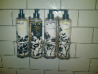 Bad photo of good stuff. The shower room smells delicious from all the products on hand.