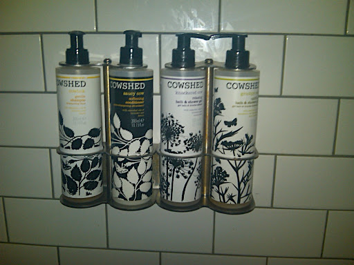 Bad photo of good stuff. The shower room smells delicious from all the products on hand.