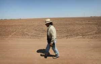 Juan Rico walks by a barren cotton field 27 July 2011 near Hermleigh, Texas. A severe drought has caused the majority of dry-land (non-irrigated fields) cotton crops to fail in the region. Photo: Scott Olson / Getty Image