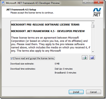Microsoft .NET 4.5 Framework Instllation for Visual Studio11 Developer preview