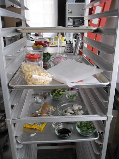 It's super important to stay organized. Ingredients for each dish are separated on sheet trays so we can quickly move from one demo to the next. It's super important to stay organized. Ingredients for each dish are separated on sheet trays so we can quickly move from one demo to the next.