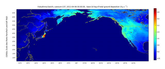Map of ground deposition of caesium-137 for the Fukushima-Daichii nuclear accident. cerea.enpc.fr