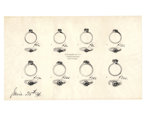 This detailed sketch of various diamond engagement rings (c. 1896) was sent to Mr. William E of Maryland, who had requested a selection of rings that he might consider for his engagement. This detailed sketch of various diamond engagement rings (c. 1896) was sent to Mr. William E of Maryland, who had requested a selection of rings that he might consider for his engagement.