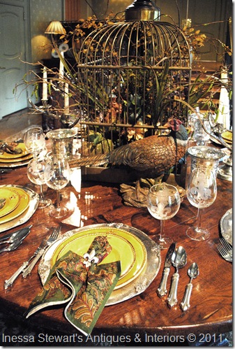 Antique Birdcage in Black Forest Dining Table Setting