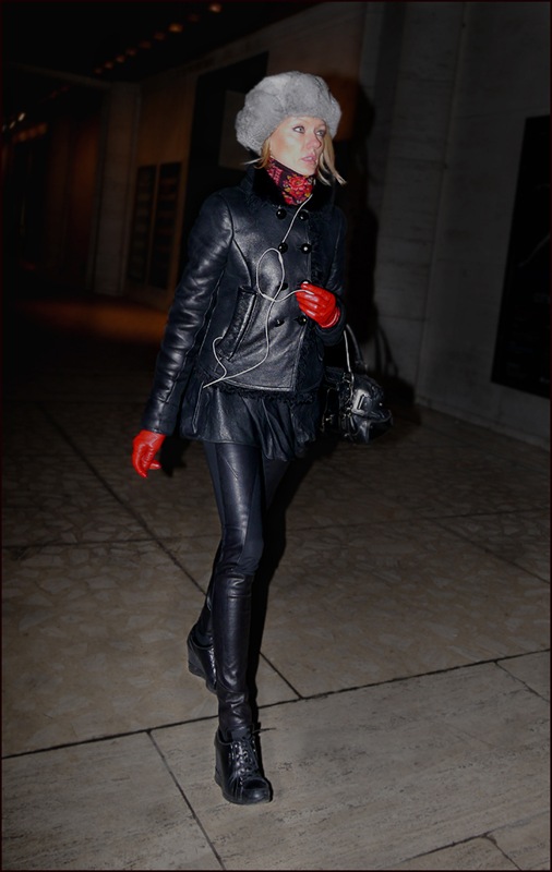 w all black leather fur lined short jacket mini skirt legging red leather gloves floral print scarf grey fur cap ol