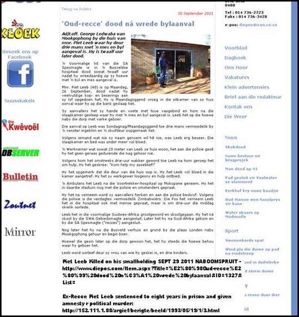 LEEB PIET exRecce murdered in sleep Naboomspruit pig farm
