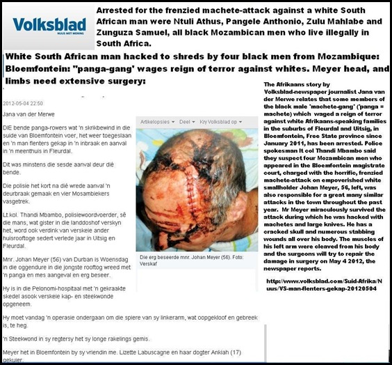 Meyer Johan 56 Bloemfontein Free State hacked to pieces by four black men with pangas Aprl 4 2012 Meyer Johan 56 Bloemfontein Free State hacked to pieces by four black men with pangas Aprl 4 2012