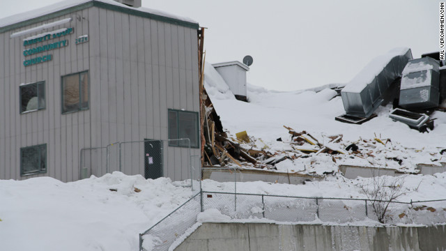 Snow caused the roof to collapse in the auditorium at the Abbott Loop Community Church in Anchorage, Alaska, 8 April 2012. CNN