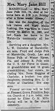 Mary Jane Polk Hill 1882-1956 obit