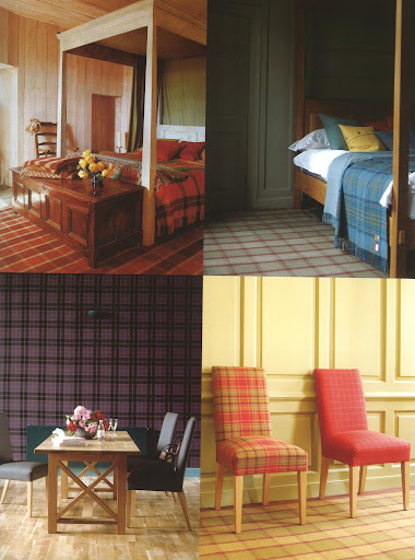 Clockwise from upper left: 4 poster bed with ANTA tartan blanket and their Dunvegan tartan wool carpet; an Elba tartan wool throw & cushions with a tartan wool carpet; ANTA's beech dining chairs in their own Lachie Stewart and Ian Glen tarts on a Shetland tartan wool rug; Highland wool tartan wall.