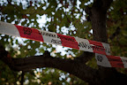 Police tape. Cars were banned in a 2.5 kilometer radius from the Thessaloniki Expo.
