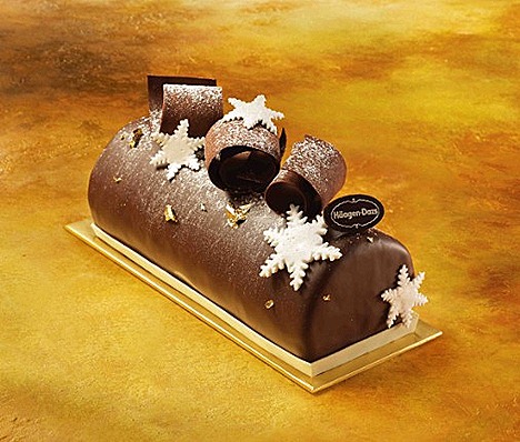 HAAGEN-DAZS CHOCOLATE COLYSEE log cake available in luxurious rich  Belgian Chocolate ice cream or irresistible Macadamia Nut ice cream, topped with chocolate curls, marshmallow star.