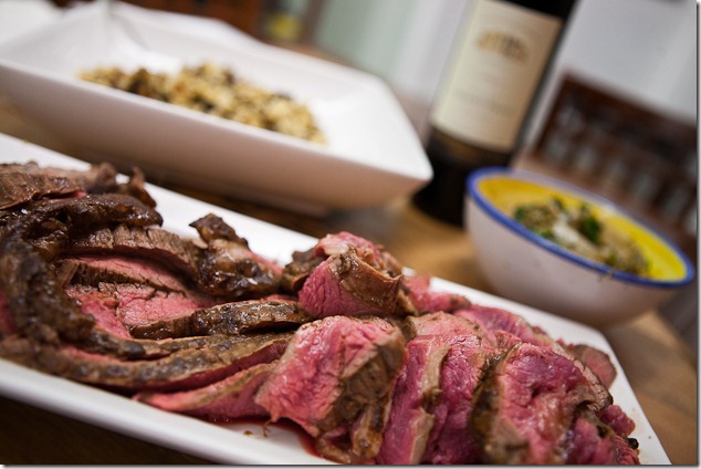 Mole Marinated Grilled Flank Steak with Celery Root Hash and White Wine Cilantro Sauce-2