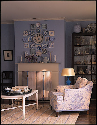 An overall view of the blue living room display.